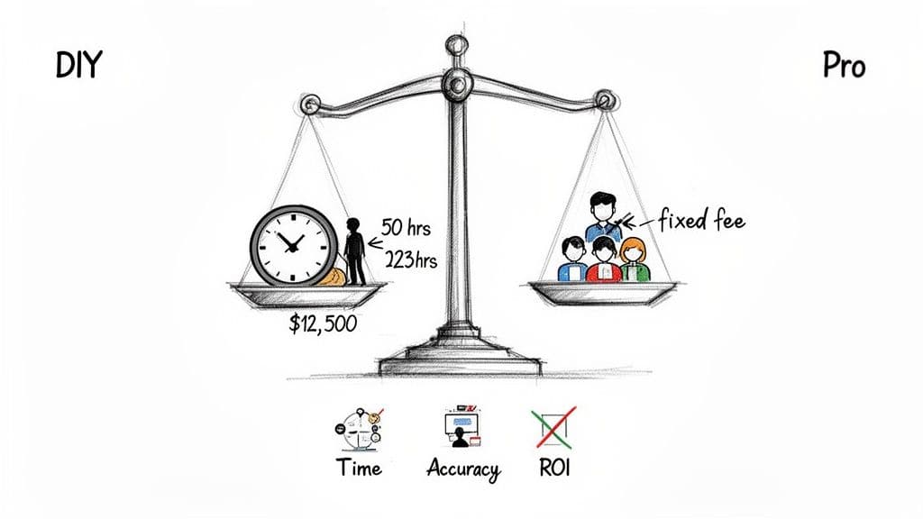 A balance scale comparing DIY accounting with professional QuickBooks cleanup services, highlighting time, cost, and expertise.