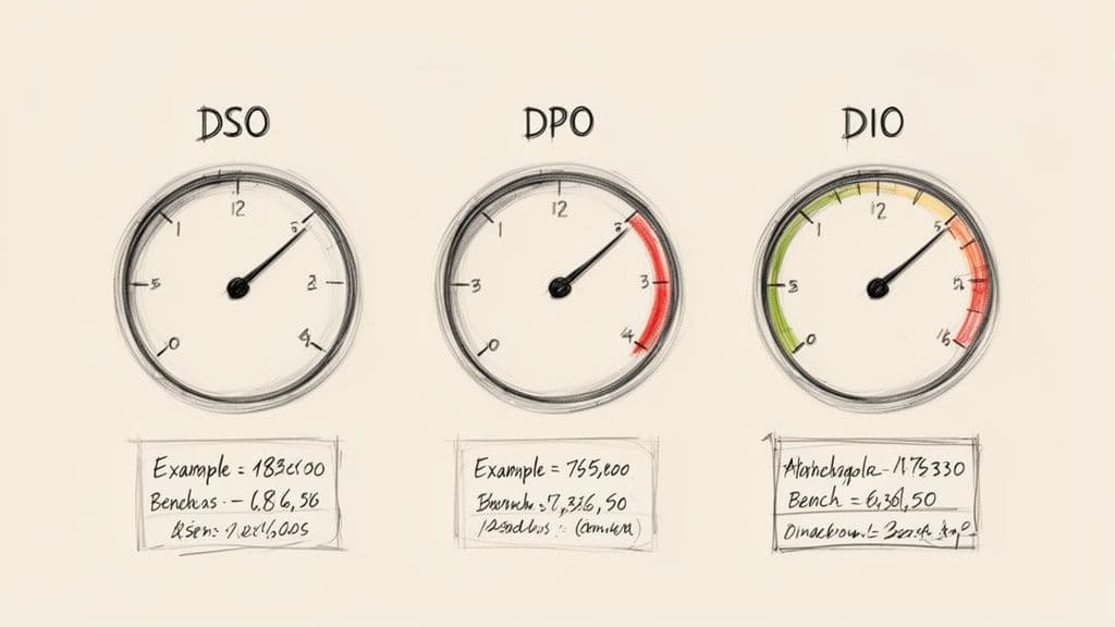 Three hand-drawn gauges (DSO, DPO, DIO) with pointers, color zones, and handwritten examples/benchmarks below.