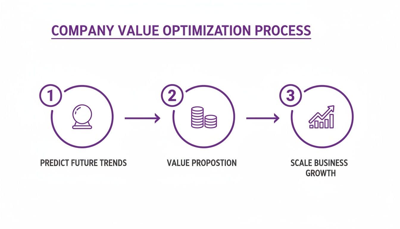 A three-step company value optimization process with icons for predicting trends, value proposition, and scaling growth.