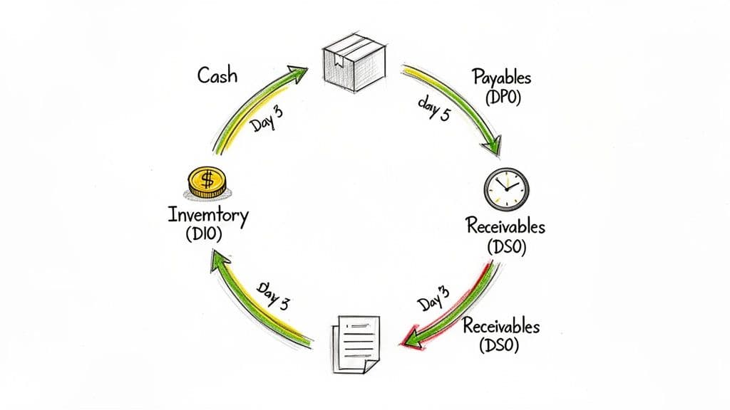 A circular diagram illustrating the cash conversion cycle: Cash, Inventory, Payables, and Receivables with day durations.