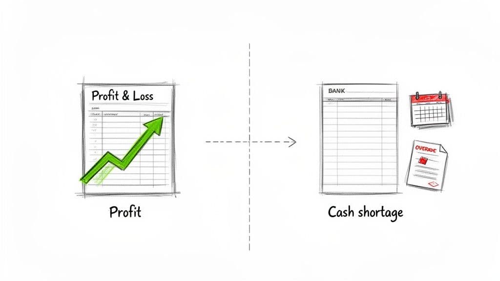 Diagram shows profit statement with upward trend, contrasted with bank statement and overdue bills, signifying cash shortage.