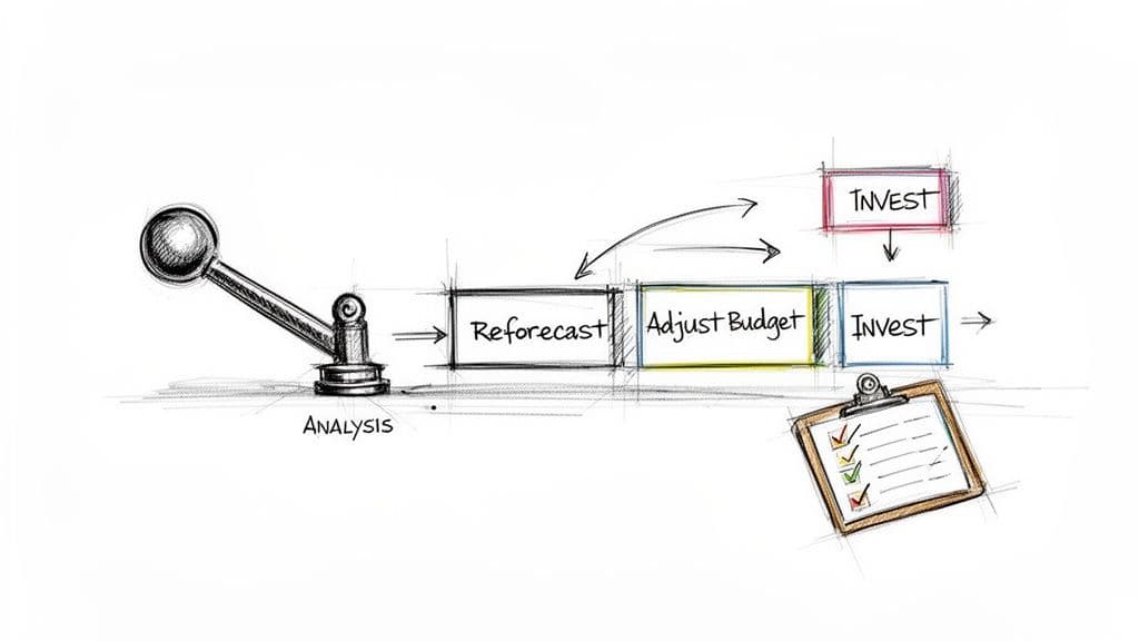 A hand-drawn diagram illustrates a financial process involving analysis, reforecast, budget adjustment, and investment steps.