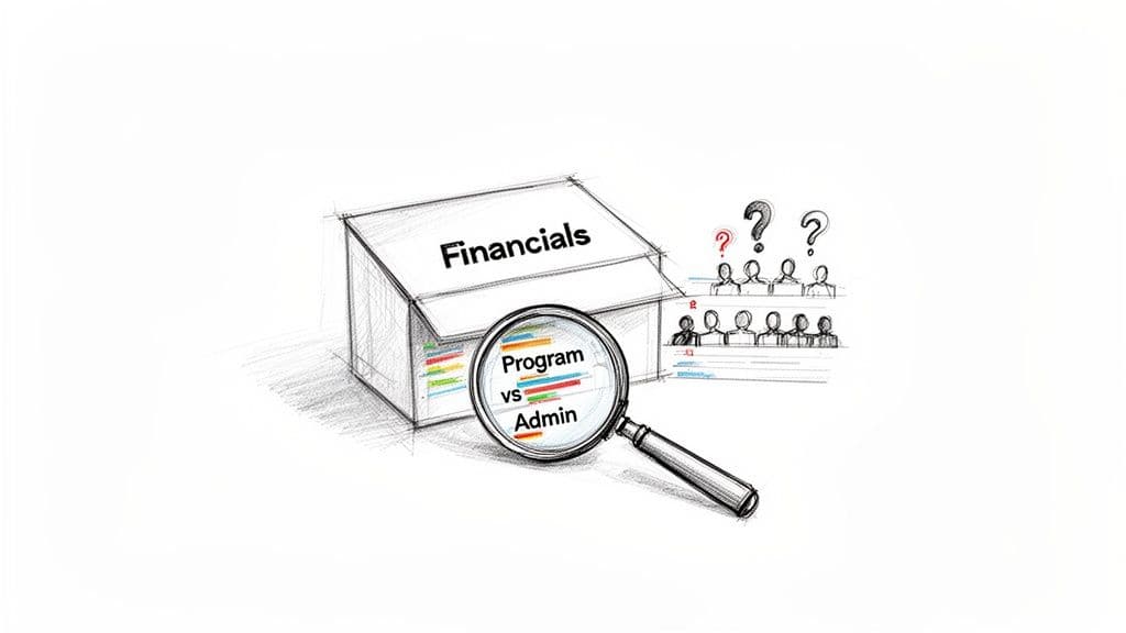 A sketch showing a box labeled 'Financials' with a magnifying glass highlighting 'Program vs Admin' expense breakdown, alongside questioning people.
