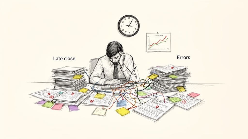 Illustration of a stressed professional at a cluttered desk with piles of documents, representing late closings and errors.