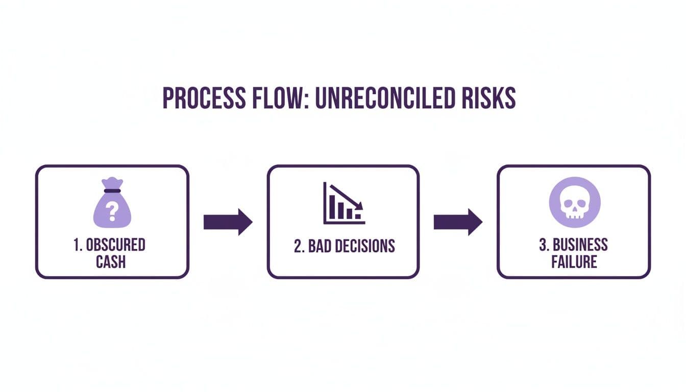 A three-step process flow illustrating unreconciled risks leading to business failure through obscured cash and bad decisions.