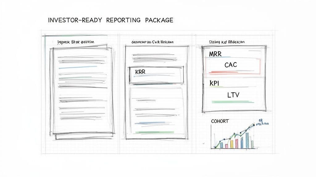 Sketch illustrating an investor-ready reporting package with key financial metrics, reports, and cohort analysis.