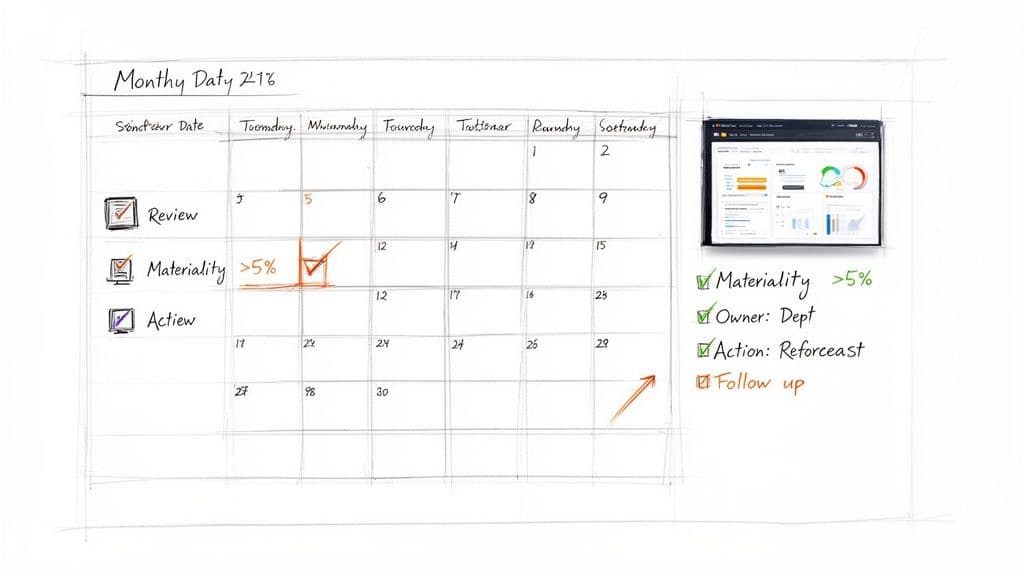 A hand-drawn calendar showing monthly tasks and due dates, with a digital dashboard and checklist.