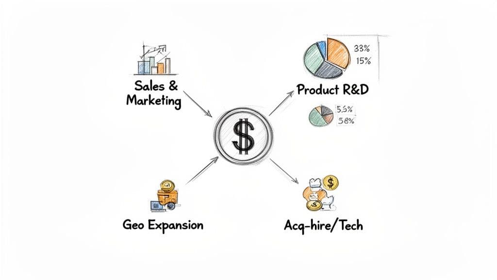 An illustration of dollar sign funds allocated to Sales & Marketing, Product R&D, Geo Expansion, and Acq-hire/Tech.