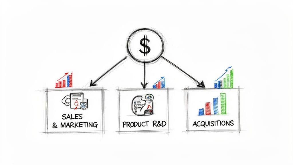 A diagram illustrating growth capital investment into sales & marketing, product R&D, and acquisitions.
