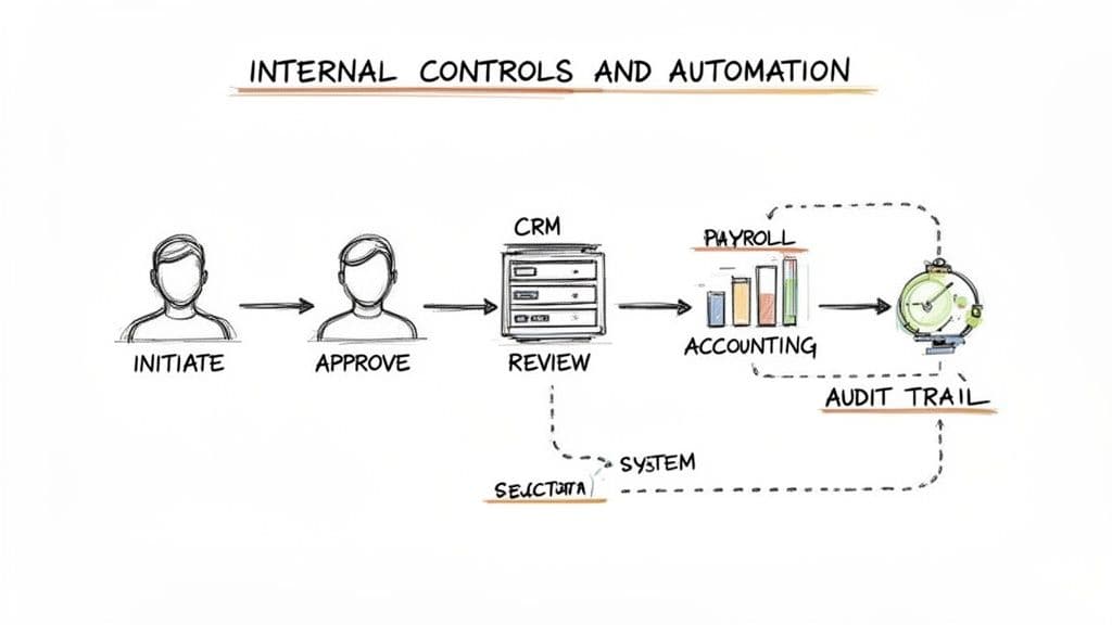 A flow diagram illustrating internal controls and automation processes from initiation to audit trail.