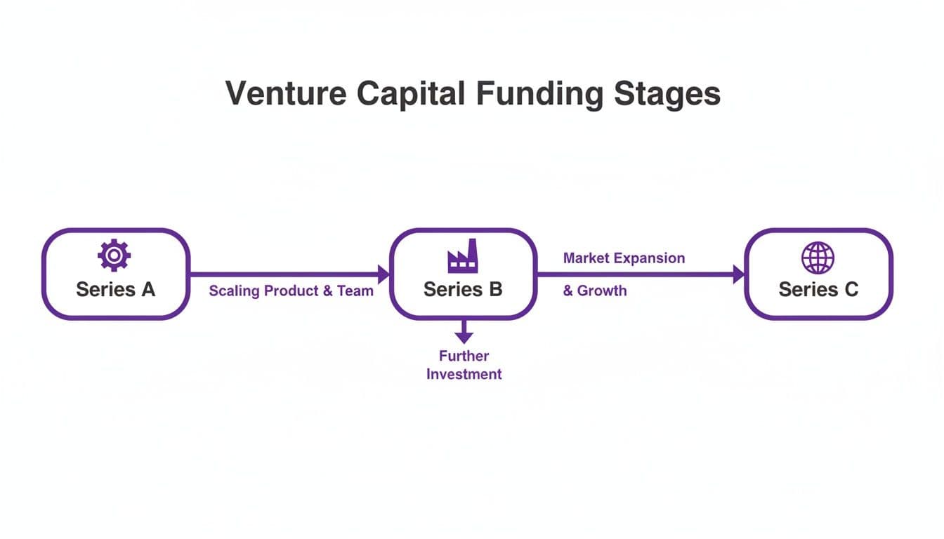 A diagram illustrates venture capital funding stages: Series A for product and team scaling, Series B for market expansion and growth, and Series C.