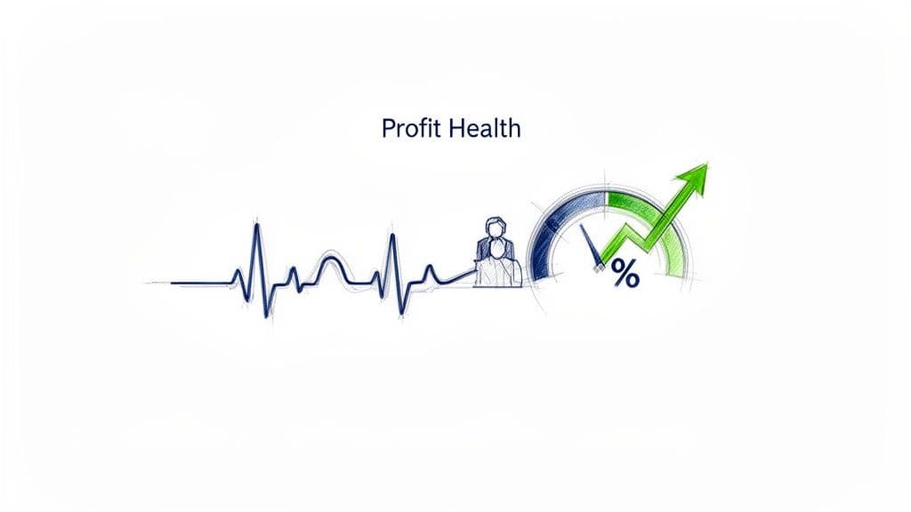 A conceptual image showing profit health with a heartbeat line, business people, a percentage gauge, and an upward green arrow.