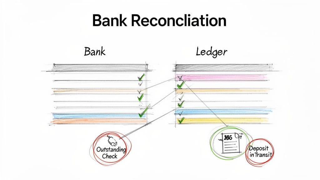 An illustration of bank reconciliation showing matching items, outstanding checks, and deposits in transit.