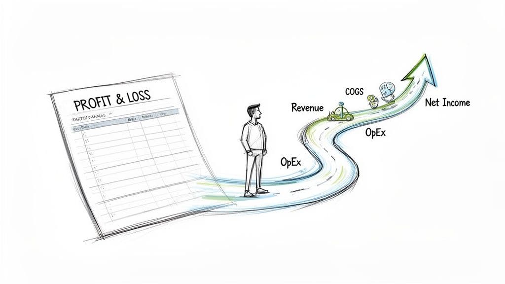 Illustration of a profit and loss statement leading to a financial journey road with revenue and net income.