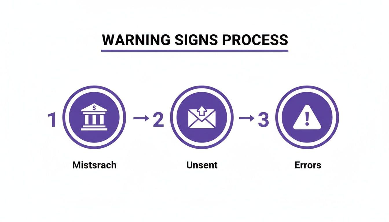 Process flow diagram showing three steps for warning signs: Mistsrach, Unsent, and Errors.