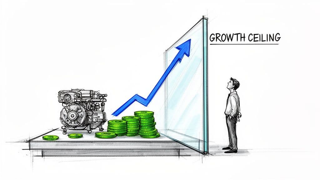 Illustration of a business facing a 'growth ceiling' with an engine, money, and rising arrow.