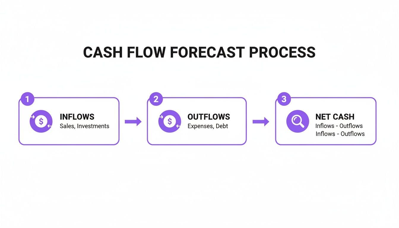 Diagram illustrating the cash flow forecast process with steps for inflows, outflows, and net cash.