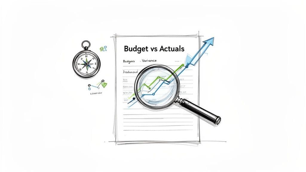 A sketch of a compass, a document titled 'Budget vs Actuals' with graphs, and a magnifying glass over it, symbolizing financial analysis.