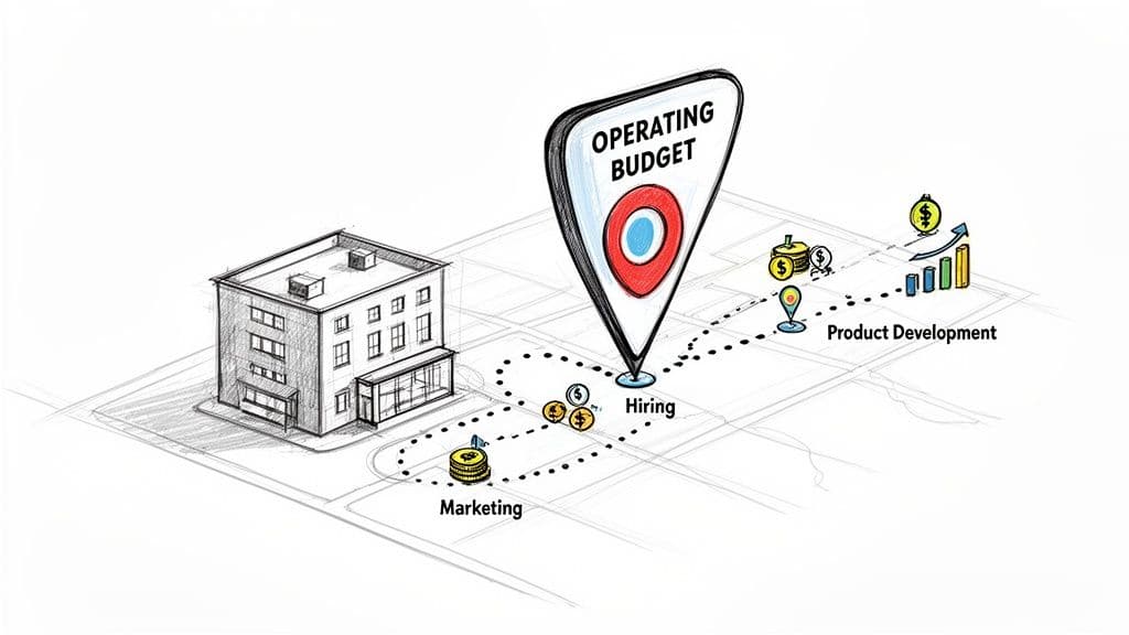 A sketch illustrating an operating budget funding marketing, hiring, and product development for a business.