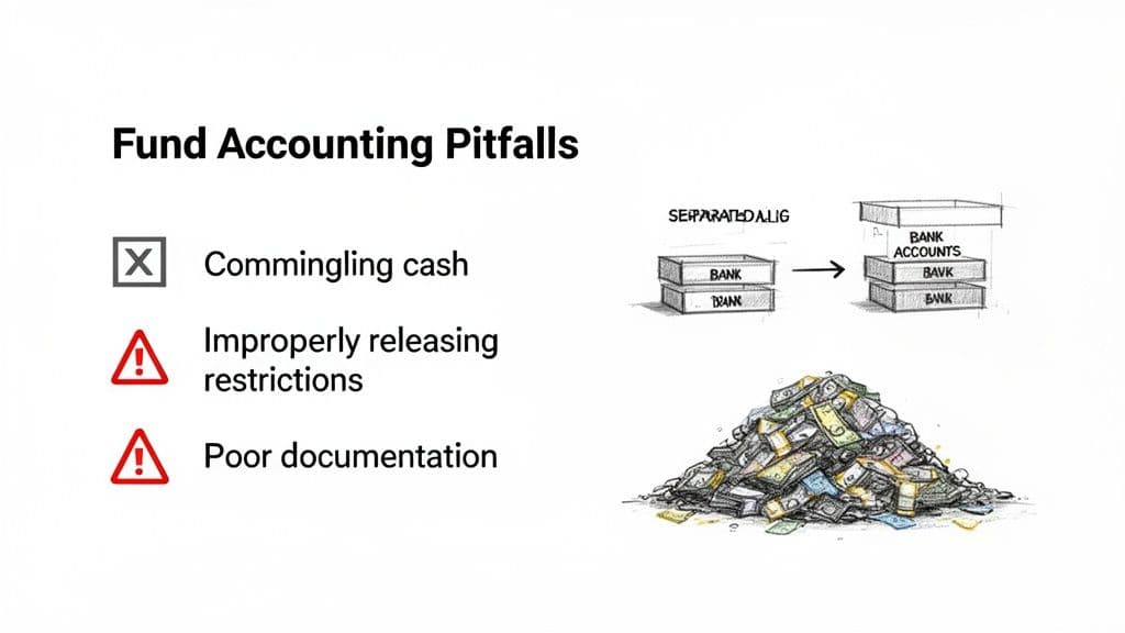 An illustration detailing fund accounting pitfalls, including commingling cash, improper restriction release, and poor documentation.
