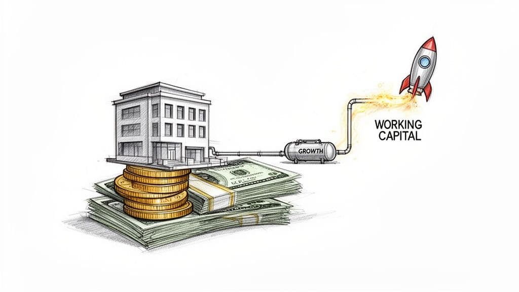 Illustration showing capital fueling a business, leading to growth, and powering working capital for a rocket launch.