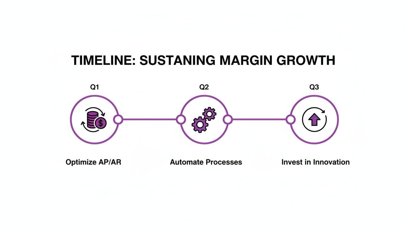 A timeline outlining three quarterly steps for sustaining margin growth: optimize AP/AR, automate processes, and invest in innovation.