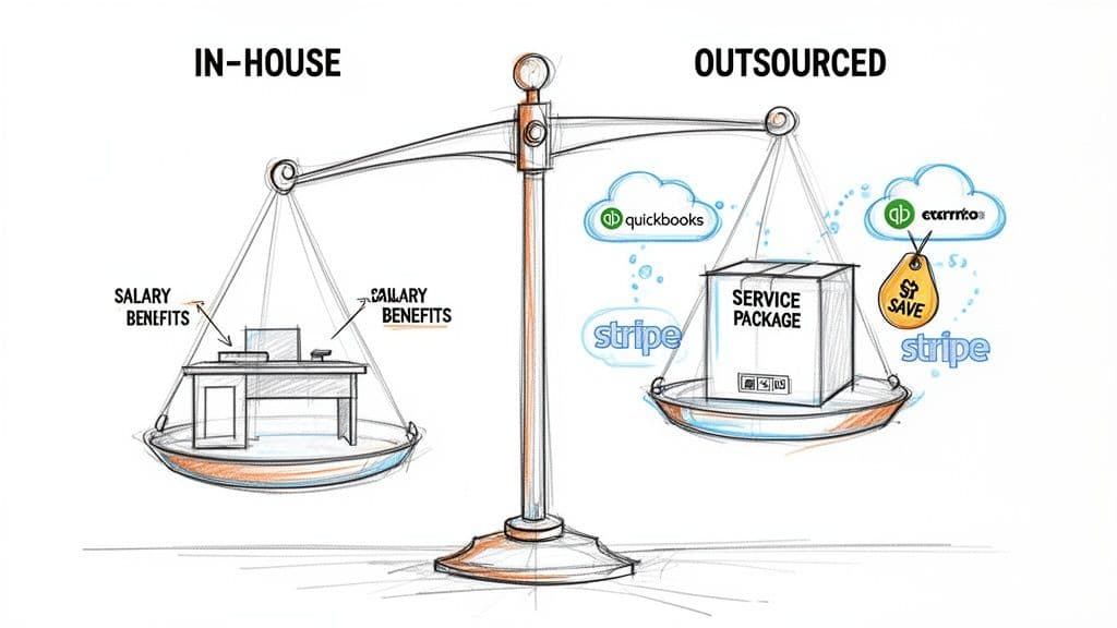 A scale comparing in-house (salary, benefits) and outsourced (service package, QuickBooks, Stripe, savings) business models.