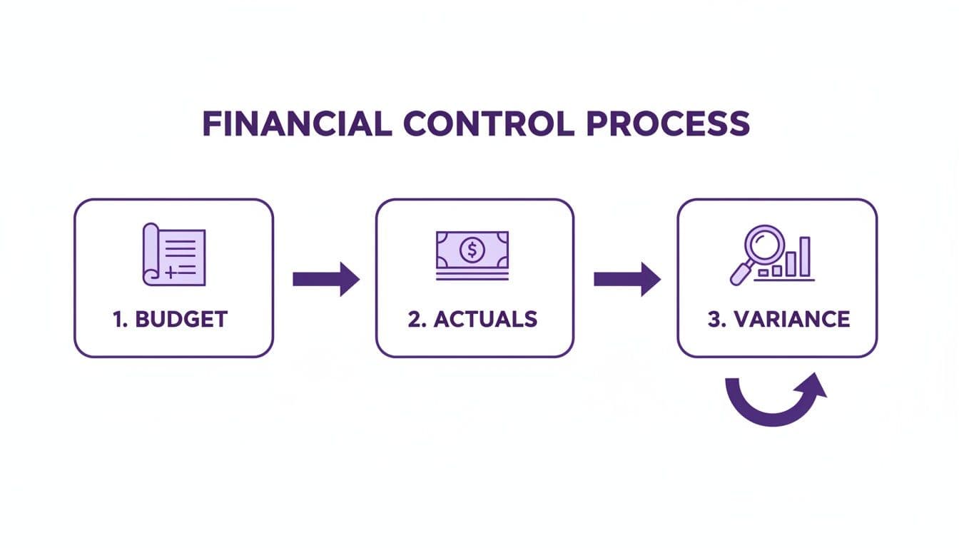 A financial control process diagram showing sequential steps: budget, actuals, and variance analysis.