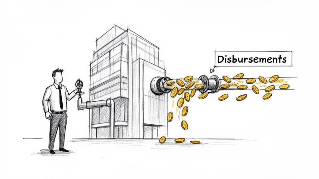A businessman adjusts a valve on a building, while golden coins flow from a pipe labeled 'Disbursements'.
