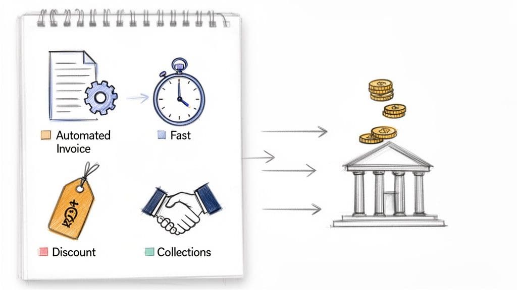 Visualizing automated invoicing, fast processes, discounts, and collections leading to money in a bank.