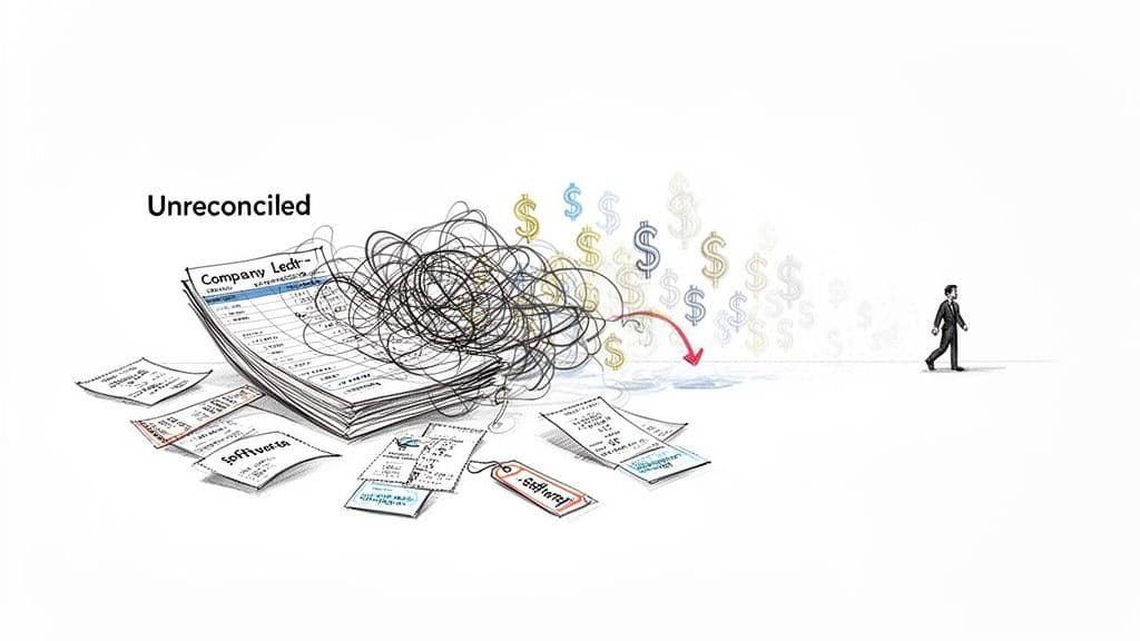 Unreconciled financial ledger and receipts with tangled lines and fading dollar signs, symbolizing confusion.