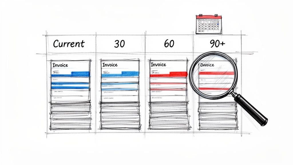 An illustration showing invoices categorized by age: Current, 30, 60, and 90+ days, with a magnifying glass on the oldest.
