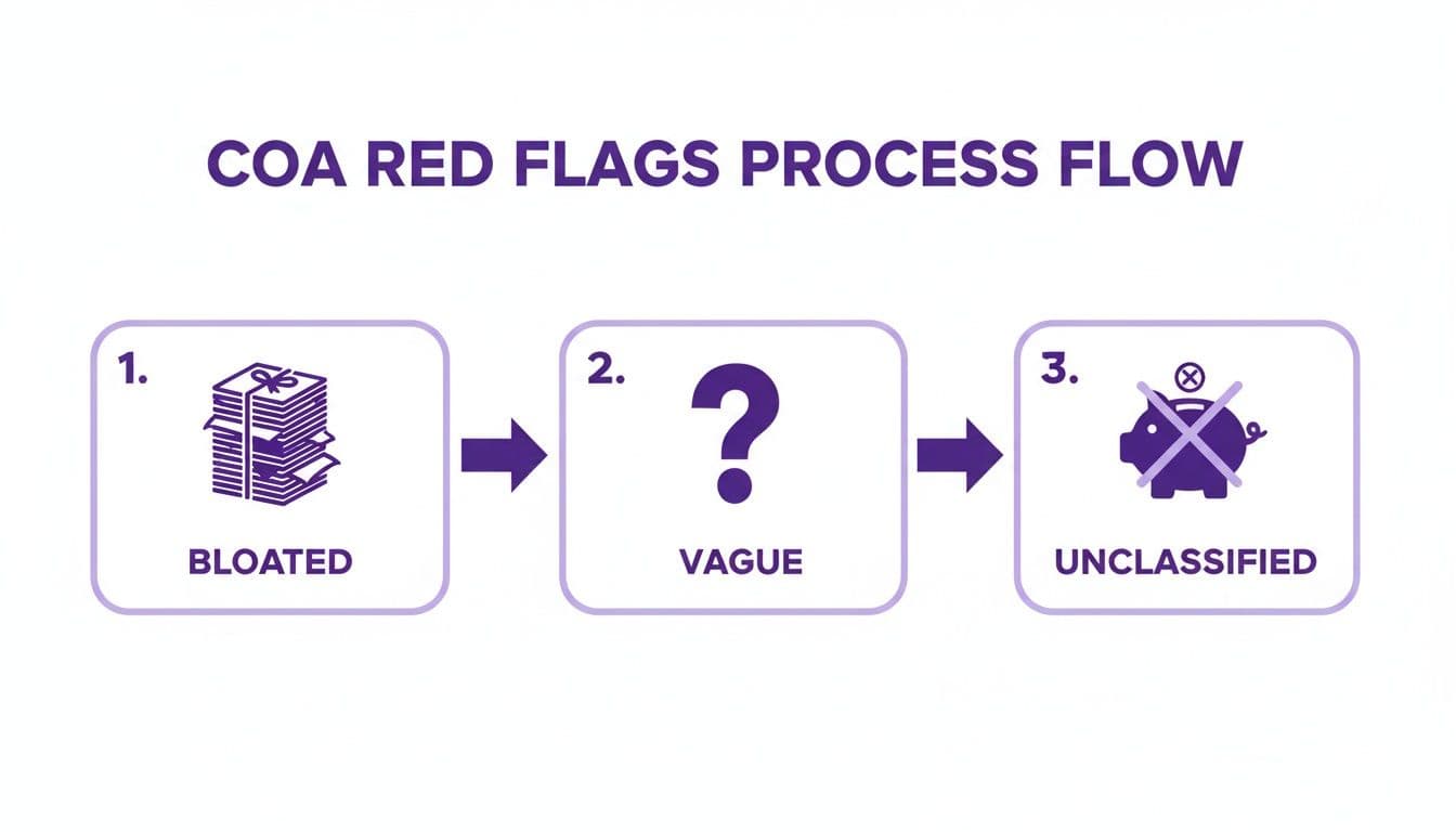 A COA Red Flags Process Flow diagram showing steps: Bloated, Vague, and Unclassified accounts.