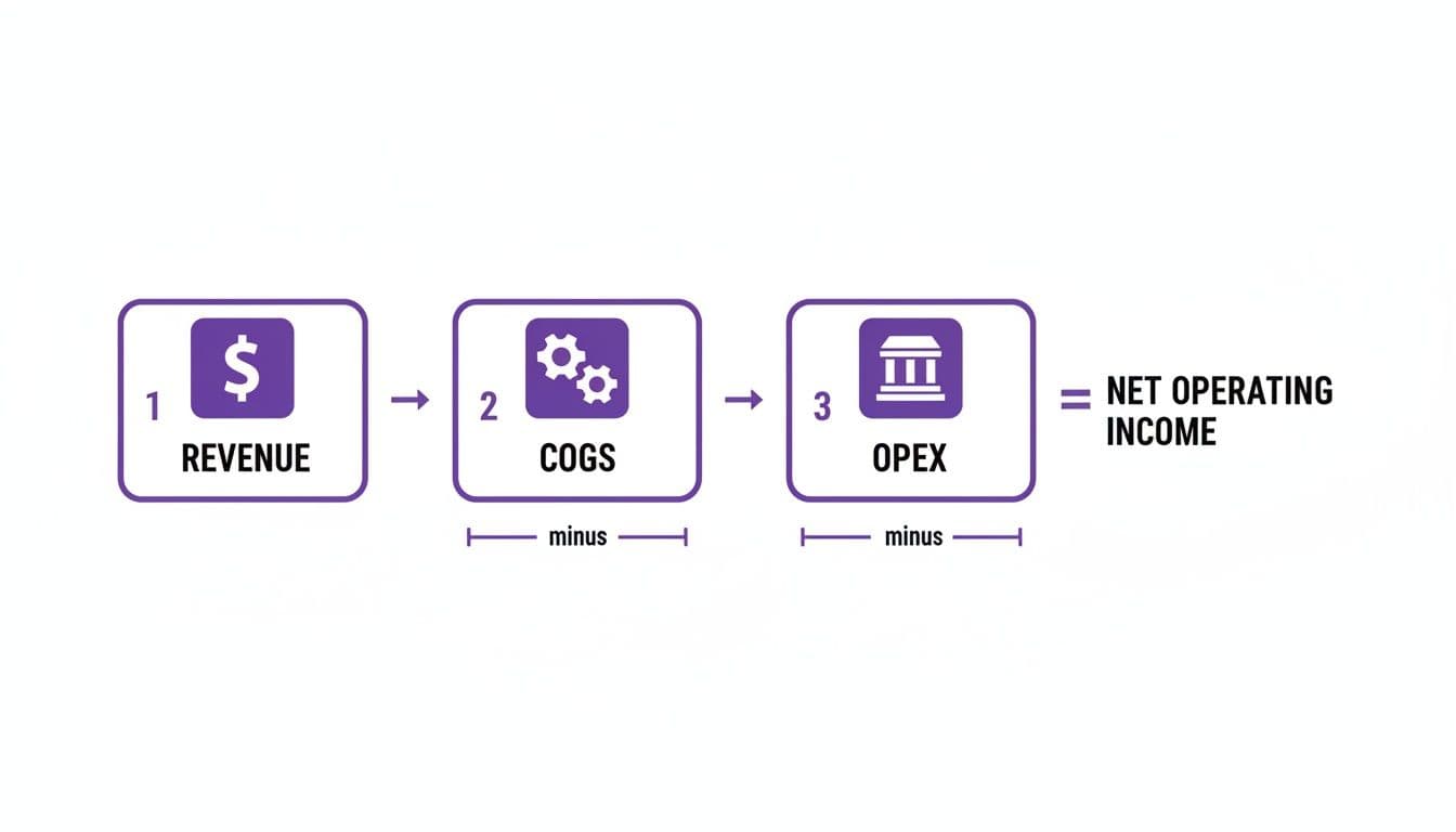 A financial formula illustrating net operating income calculation: Revenue minus COGS minus OPEX, with icons.