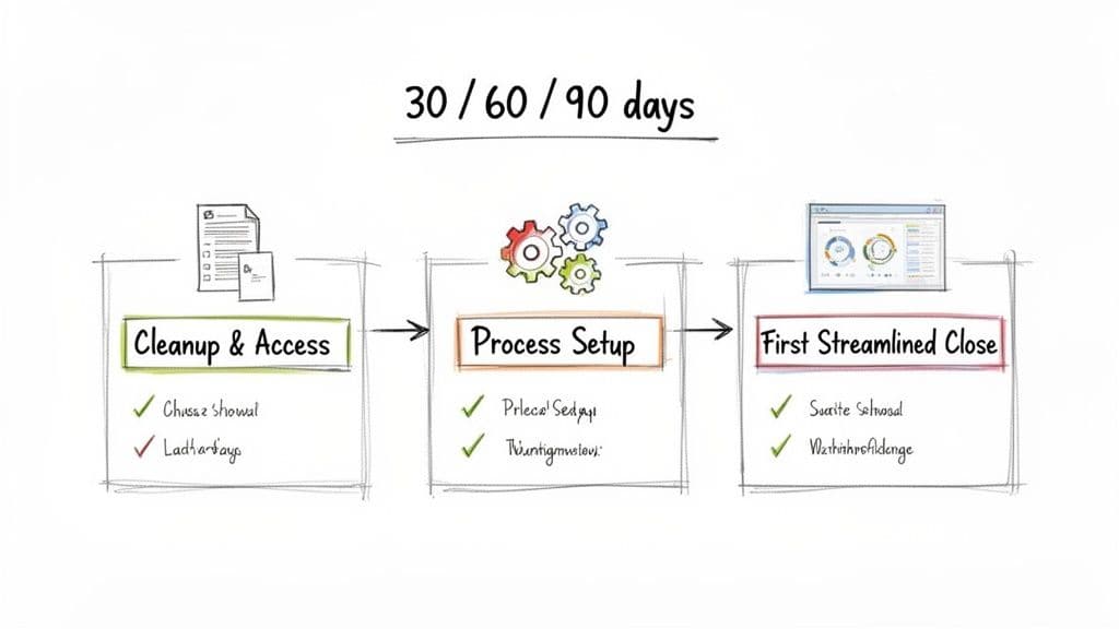 Visual roadmap outlining a 30-60-90 day plan for process improvement and streamlined close.
