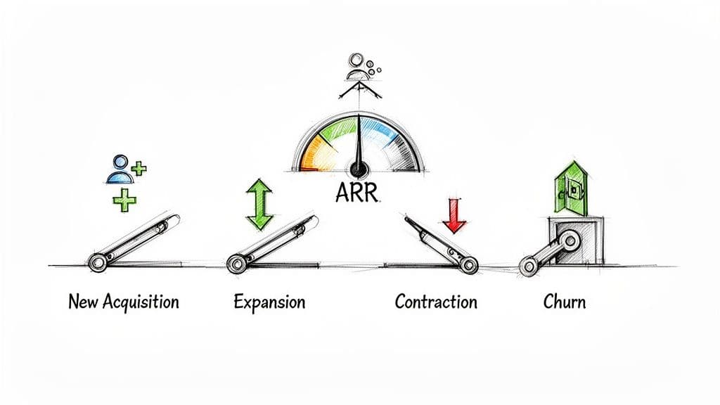 Illustration showing customer lifecycle stages like acquisition, expansion, contraction, and churn affecting ARR.