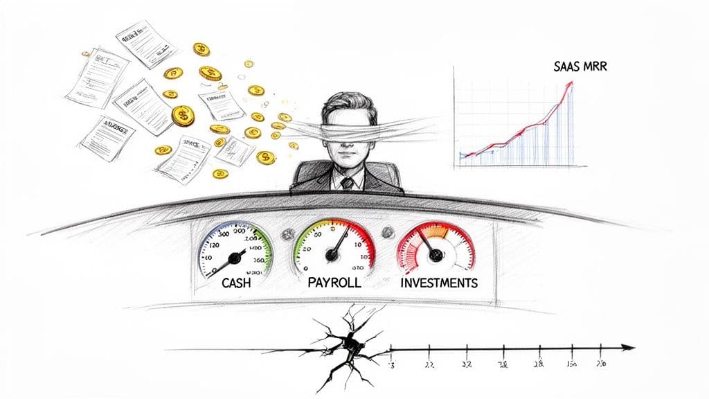 Blindfolded manager struggles with business finances, cash, payroll, and investments, despite SaaS MRR growth.