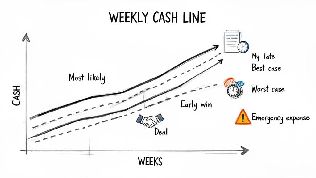 Hand-drawn graph illustrating weekly cash flow projections, including most likely, best, worst case, and early win scenarios.