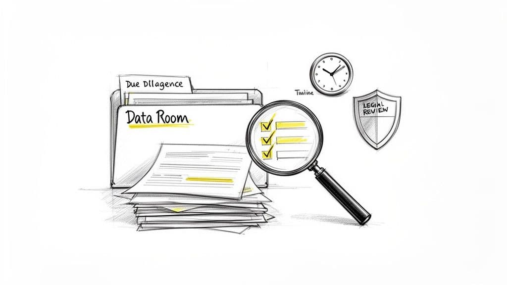 Illustrative drawing of a due diligence process, showing data room, documents, checklist, timeline, and legal review.