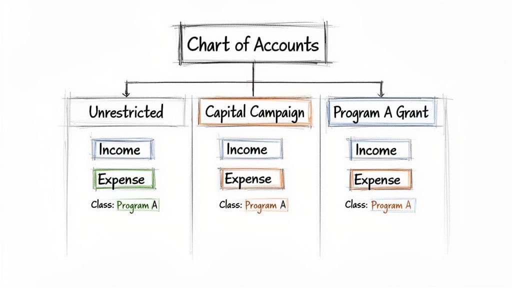 Diagram showing a chart of accounts for nonprofit fund management, detailing unrestricted, capital campaign, and grant income and expenses.