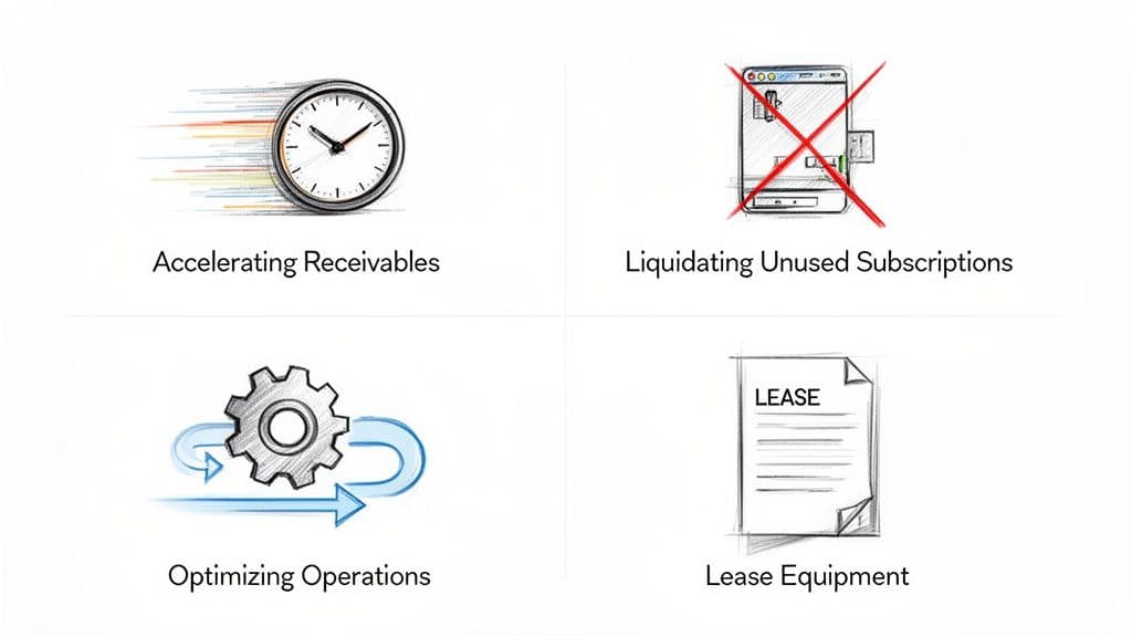 Illustrations depicting four key business strategies: accelerating receivables, liquidating unused subscriptions, optimizing operations, and equipment leasing.