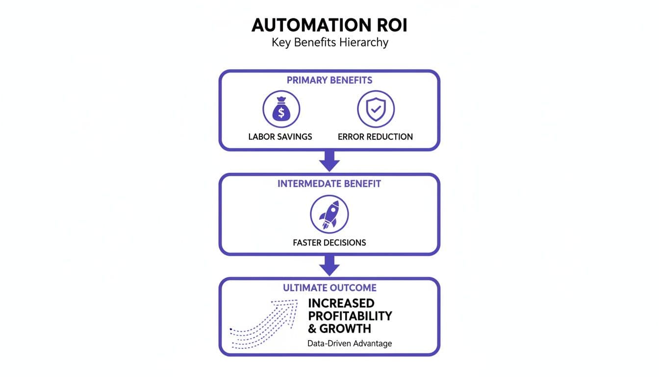 A hierarchical diagram illustrating the ROI of automation, detailing benefits from labor savings to increased profitability and growth.