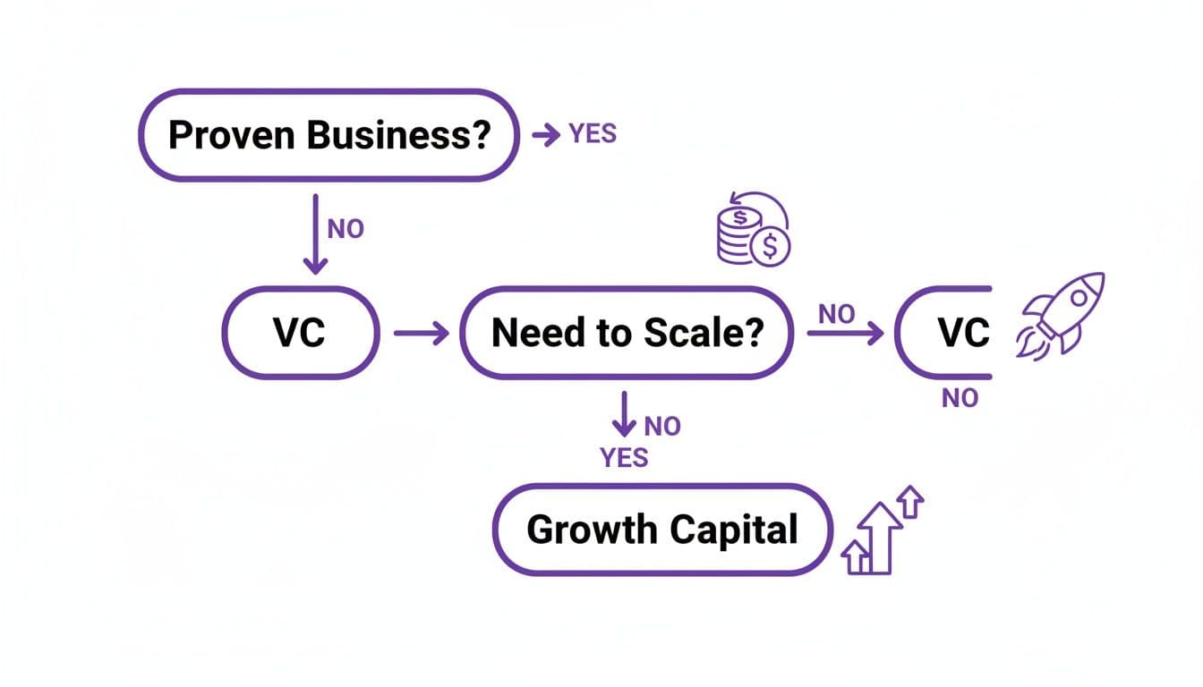Flowchart illustrating the decision process for choosing between Venture Capital and Growth Capital.
