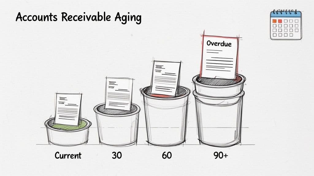 An illustration of accounts receivable aging, showing buckets for current, 30, 60, and 90+ days overdue invoices.