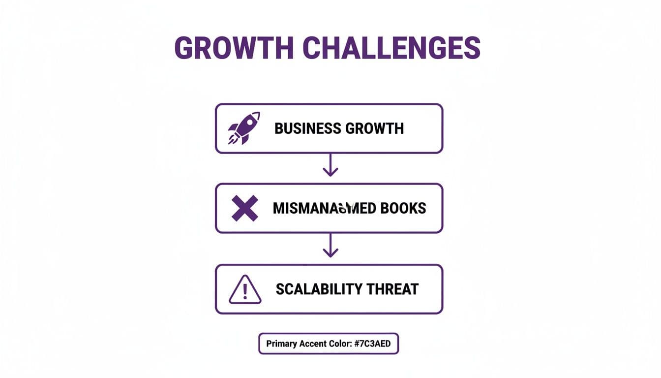 A flowchart illustrates business growth challenges: business growth leads to mismanaged books, resulting in a scalability threat.