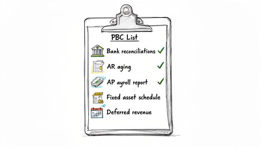 A hand-drawn clipboard displaying an audit PBC List with checked and unchecked financial items.