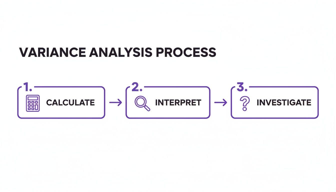 A three-step variance analysis process flowchart showing calculate, interpret, and investigate.
