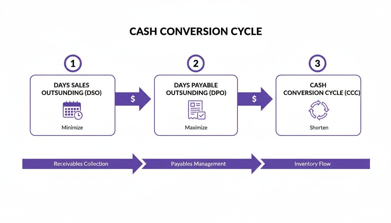A diagram illustrating the Cash Conversion Cycle (CCC) showing DSO, DPO, and the overall CCC process.