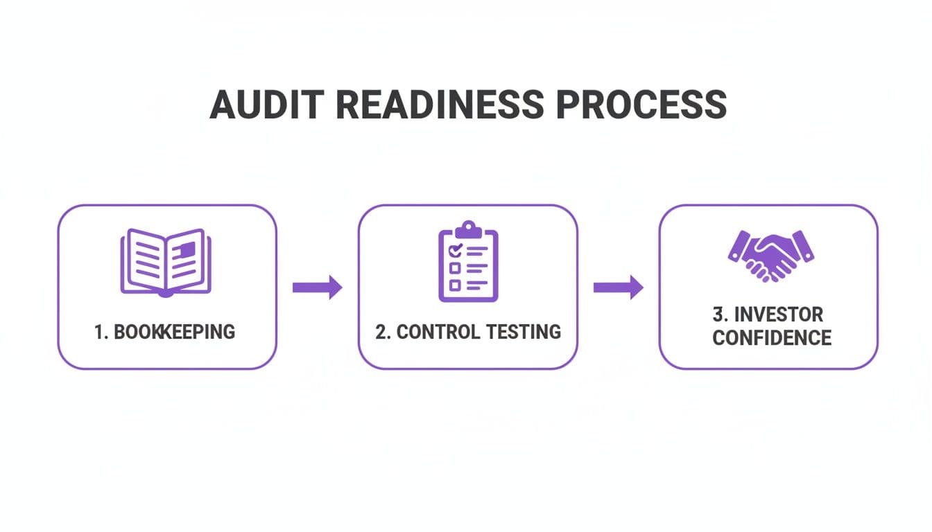 A flowchart illustrates the audit readiness process with three steps: bookkeeping, control testing, and investor confidence.