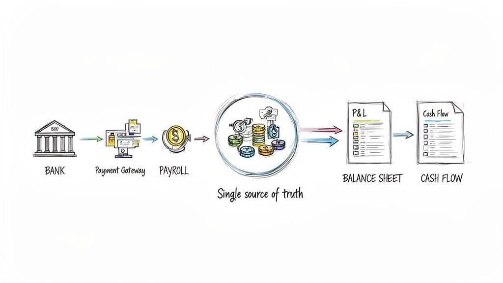 Diagram showing financial data flow from bank, payment gateway, and payroll to a single source of truth, then to balance sheet and cash flow statements.